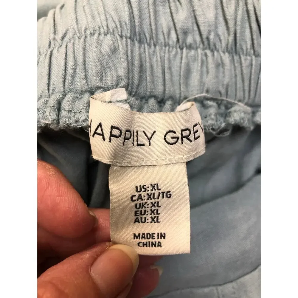 Happily Grey Linen Blend Elastic Waist Blue Straight Leg Pants Beach Casual XL